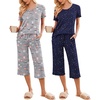 Ekouaer 2 Pack: Women’s Pajamas Set Short Sleeve Sleepwear Capri Pants Pjs Soft Loungewear with Pockets(Coffee/Navy Star)