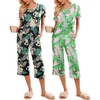 Ekouaer 2 Pack: Women’s Pajamas Set Short Sleeve Sleepwear Capri Pants Pjs Soft Loungewear with Pockets(Flower/Green Leaf)