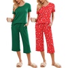 Ekouaer 2 Pack: Women’s Pajamas Set Short Sleeve Sleepwear Capri Pants Pjs Soft Loungewear with Pockets(Green/Christmas Red)