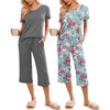 Ekouaer 2 Pack: Women’s Pajamas Set Short Sleeve Sleepwear Capri Pants Pjs Soft Loungewear with Pockets(Grey/Rose Print)