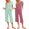 Ekouaer 2 Pack: Women’s Pajamas Set Short Sleeve Sleepwear Capri Pants Pjs Soft Loungewear with Pockets(Light Green/Dusty Rose)