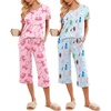 Ekouaer 2 Pack: Women’s Pajamas Set Short Sleeve Sleepwear Capri Pants Pjs Soft Loungewear with Pockets(Pink Bow/Woman and Puppy)