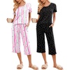 Ekouaer 2 Pack: Women’s Pajamas Set Short Sleeve Sleepwear Capri Pants Pjs Soft Loungewear with Pockets(Pink Curve/Black Bow)