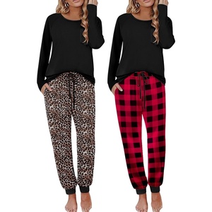 Ekouaer 2 Pack Womens Pajama Sets Long Sleeve Pjs Soft Comfy Lounge Set(Black Red Plaid+leopard)