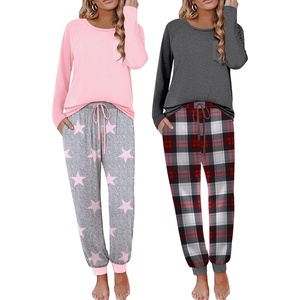 Ekouaer 2 Pack Womens Pajama Sets Long Sleeve Pjs Soft Comfy Lounge Set(Light Grey Stars+navy Plaid)