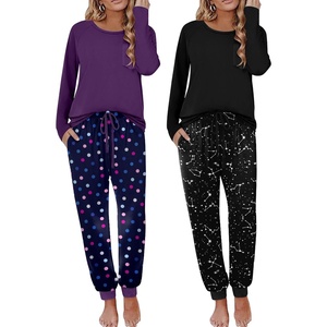 Ekouaer 2 Pack Womens Pajama Sets Long Sleeve Pjs Soft Comfy Lounge Set(Purple Dots+black Stars)