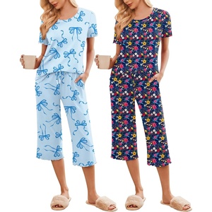 Ekouaer 2 Pack: Women’s Pajamas Set Short Sleeve Sleepwear Capri Pants Pjs Soft Loungewear with Pockets(Blue Bow/Navy Bloom)