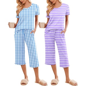 Ekouaer 2 Pack: Women’s Pajamas Set Short Sleeve Sleepwear Capri Pants Pjs Soft Loungewear with Pockets(Blue Plaid/Purple Stripe)