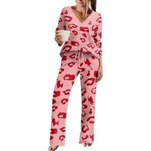 Ekouaer Womens Pajama Sets Fuzzy Fleece Sleepwear Long Sleeve Pjs(Red Leopard Print)