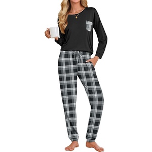 Ekouaer Womens Pajama Sets Long Sleeve Pjs Lounge Sets Joggers with Pockets(Black and Dark Gray Plaid)