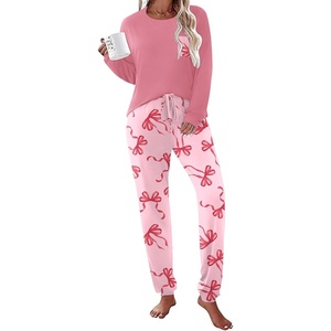 Ekouaer Womens Pajama Sets Long Sleeve Pjs Lounge Sets Joggers with Pockets(Pink Bow)