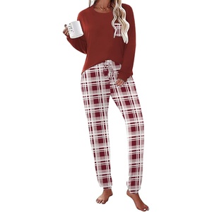 Ekouaer Womens Pajama Sets Long Sleeve Pjs Lounge Sets Joggers with Pockets(Wine Red Plaid)