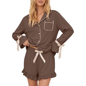 Ekouaer Womens Pajamas Long Sleeve and Shorts Cute Ruffle Pjs Lounge Set(Brown)