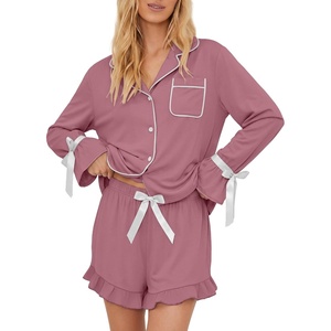 Ekouaer Womens Pajamas Long Sleeve and Shorts Cute Ruffle Pjs Lounge Set(Dusty Pink)