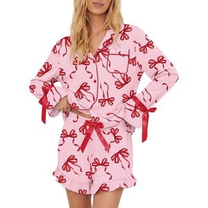 Ekouaer Womens Pajamas Long Sleeve and Shorts Cute Ruffle Pjs Lounge Set(Pink Bow)