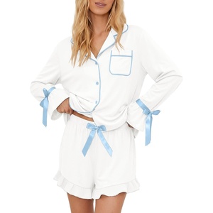 Ekouaer Womens Pajamas Long Sleeve and Shorts Cute Ruffle Pjs Lounge Set(White)