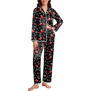 Ekouaer Womens Silk Pajama Set Long Sleeve Button Down Ruffle Satin PJs(Christmas-black Candy Cane X-mas Pjs)