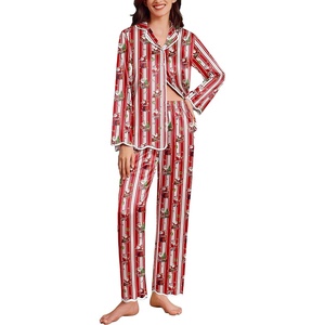 Ekouaer Womens Silk Pajama Set Long Sleeve Button Down Ruffle Satin PJs(Christmas-santa Printed Pjs)