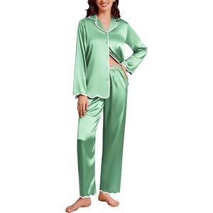 Ekouaer Womens Silk Pajama Set Long Sleeve Button Down Ruffle Satin PJs(Gossamer Green)