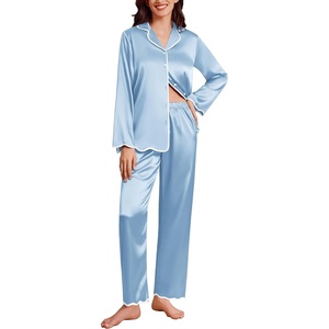 Ekouaer Womens Silk Pajama Set Long Sleeve Button Down Ruffle Satin PJs(Light Blue)