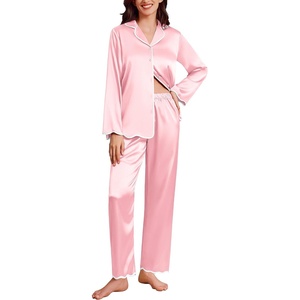 Ekouaer Womens Silk Pajama Set Long Sleeve Button Down Ruffle Satin PJs(Rose Pink)