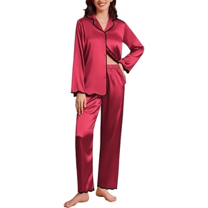 Ekouaer Womens Silk Pajama Set Long Sleeve Button Down Ruffle Satin PJs(Wine Red)