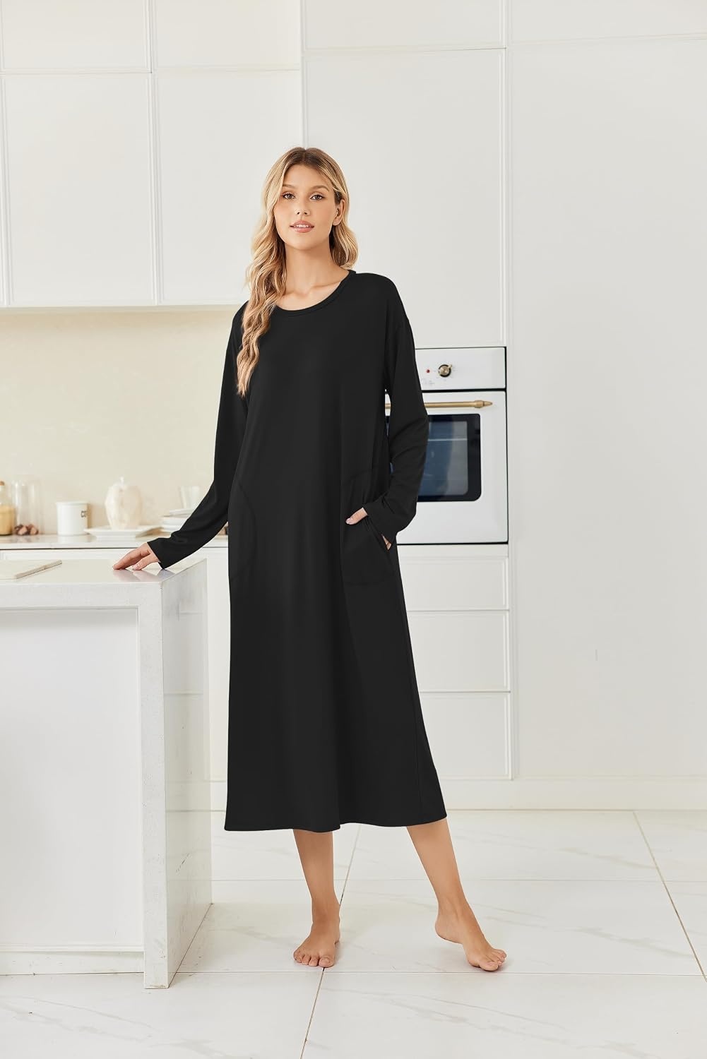 image:imageEkouaer 2 Pack Long Nightgowns for Women Long Sleeve Nightgown with PocketBlackpurple