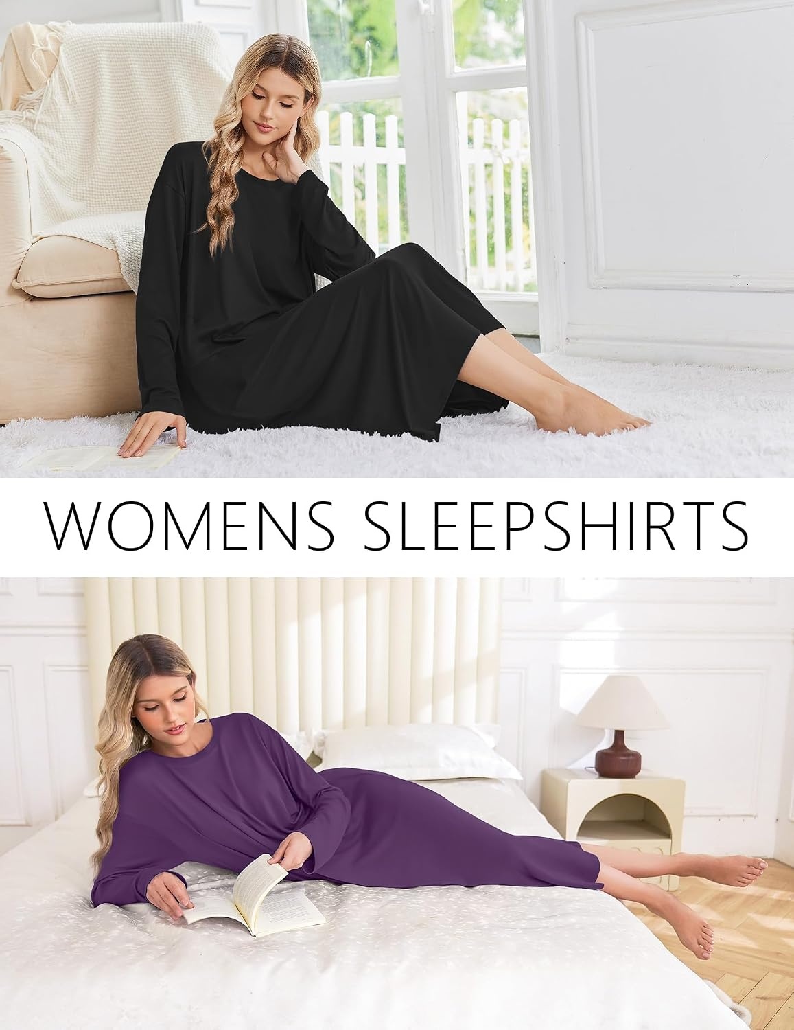 image:imageEkouaer 2 Pack Long Nightgowns for Women Long Sleeve Nightgown with PocketBlackpurple