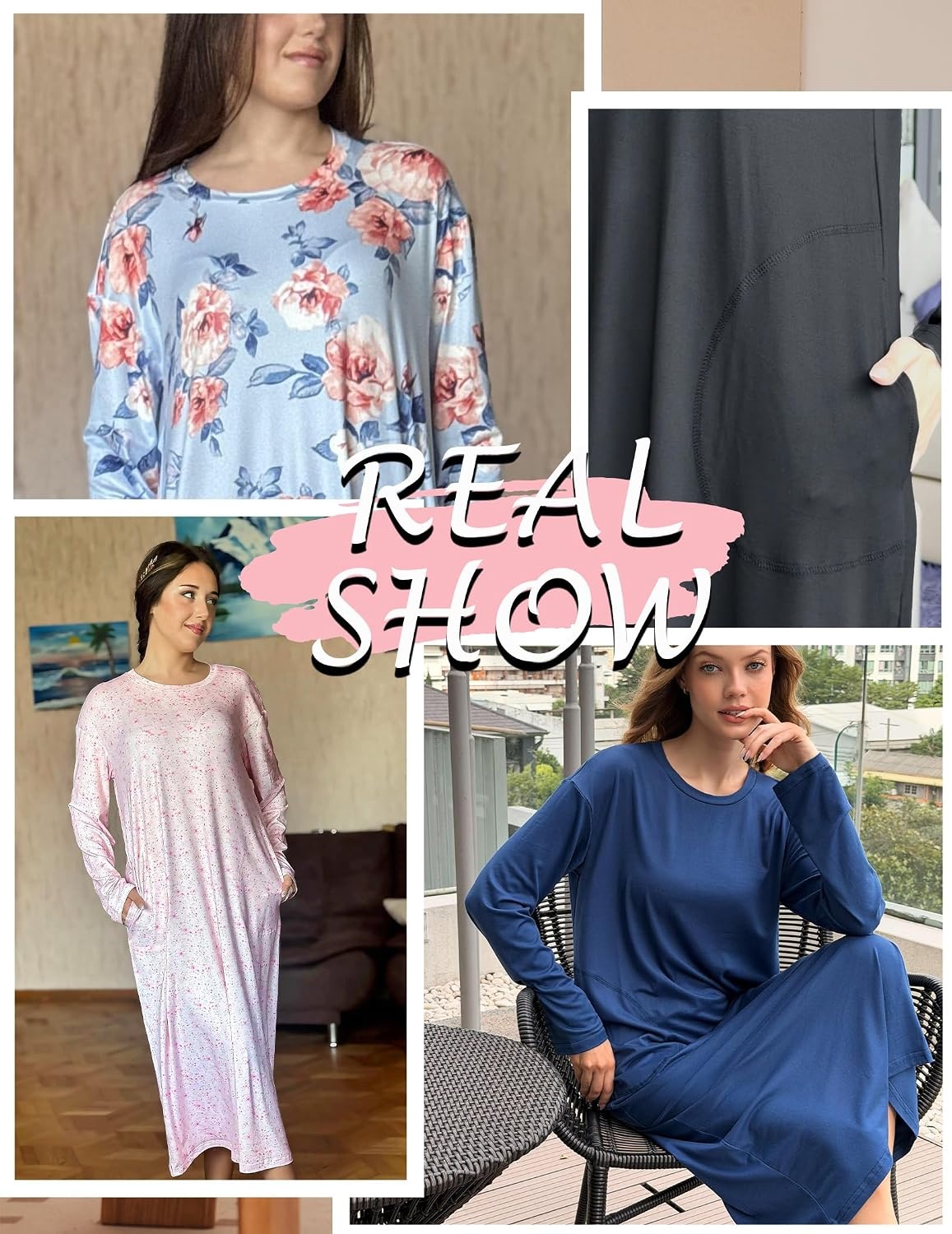 image:imageEkouaer 2 Pack Long Nightgowns for Women Long Sleeve Nightgown with PocketPink Flowerblue Flower