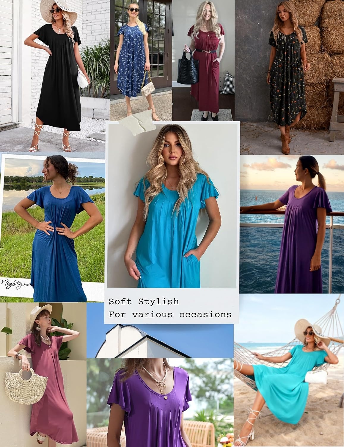 image:imageEkouaer 3 Pack Long Nightgowns for Women House Dress with Pocket Moo MoosBlackBlue GreenNavy Blue Flowers
