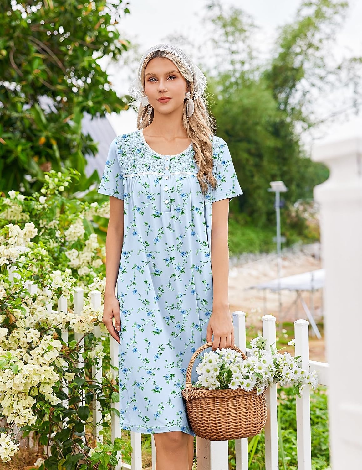 image:imageEkouaer Nightgowns for Women Smocked Night Gown Short Sleeve SleepshirtsFloral Blue