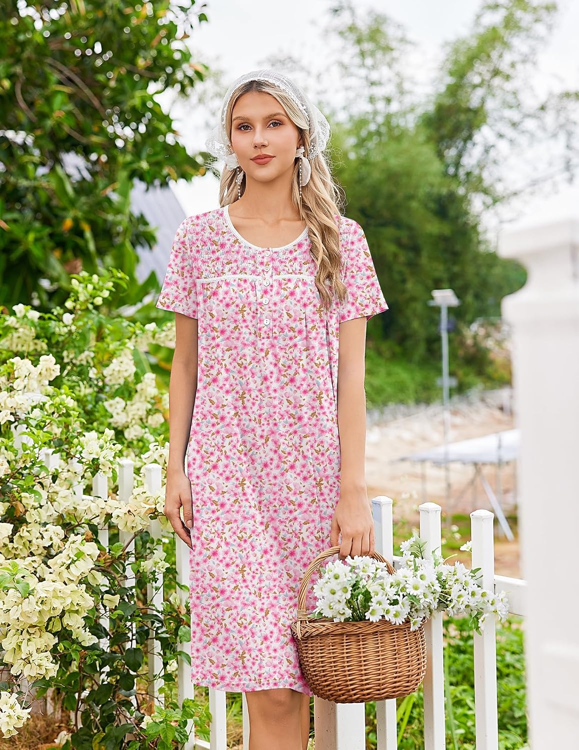 image:imageEkouaer Nightgowns for Women Smocked Night Gown Short Sleeve SleepshirtsFloral Pink