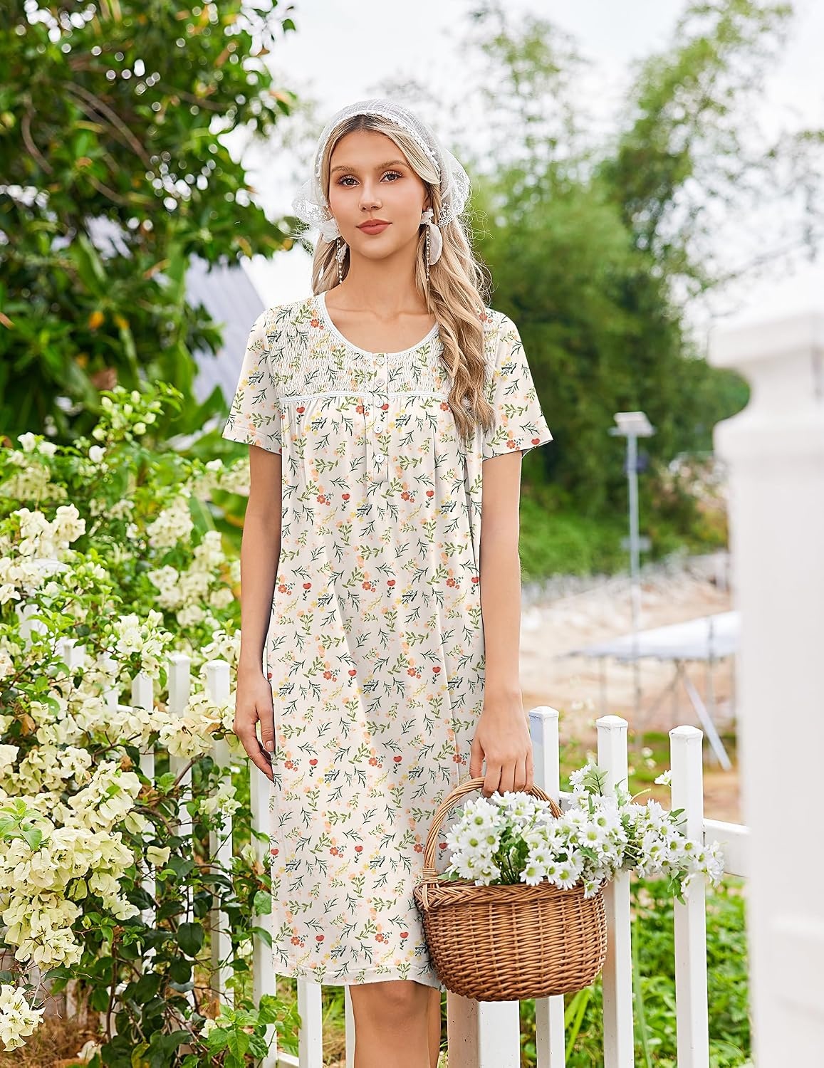image:imageEkouaer Nightgowns for Women Smocked Night Gown Short Sleeve SleepshirtsFloral Yellow