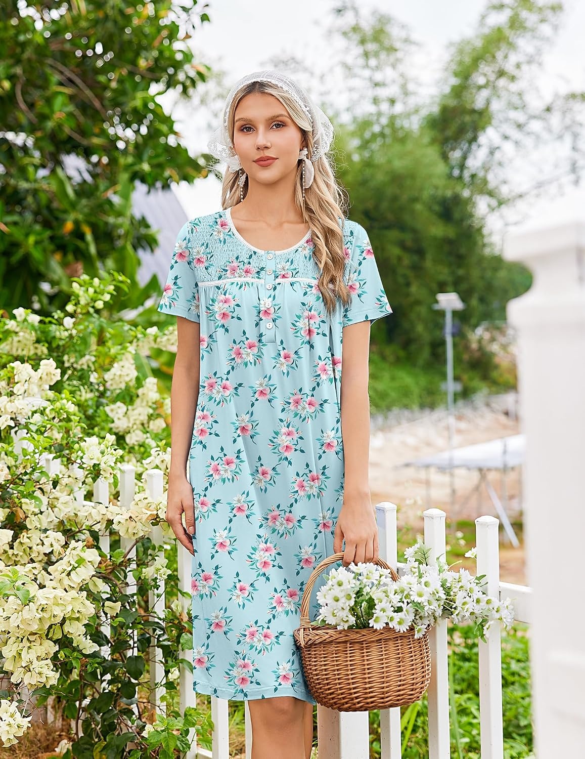 image:imageEkouaer Nightgowns for Women Smocked Night Gown Short Sleeve SleepshirtsGreen Pink Floral