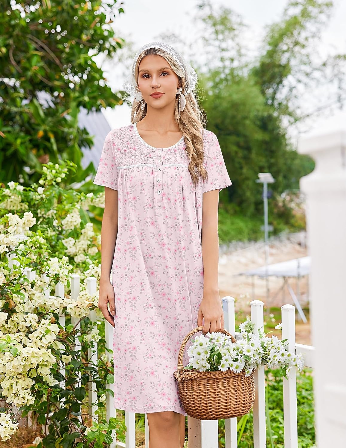 image:imageEkouaer Nightgowns for Women Smocked Night Gown Short Sleeve SleepshirtsWhite Pink Floral