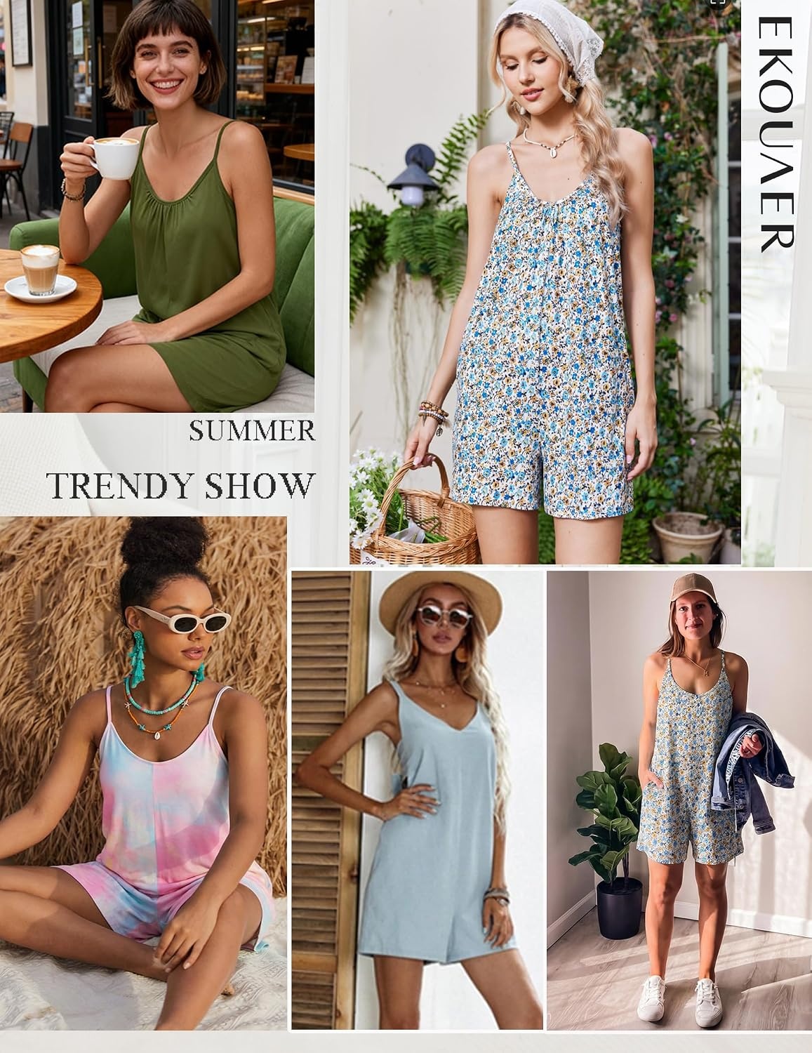 image:imageEkouaer Womens Summer Rompers Beach Vacation Outfits Adjustable JumpsuitsBlue Floral