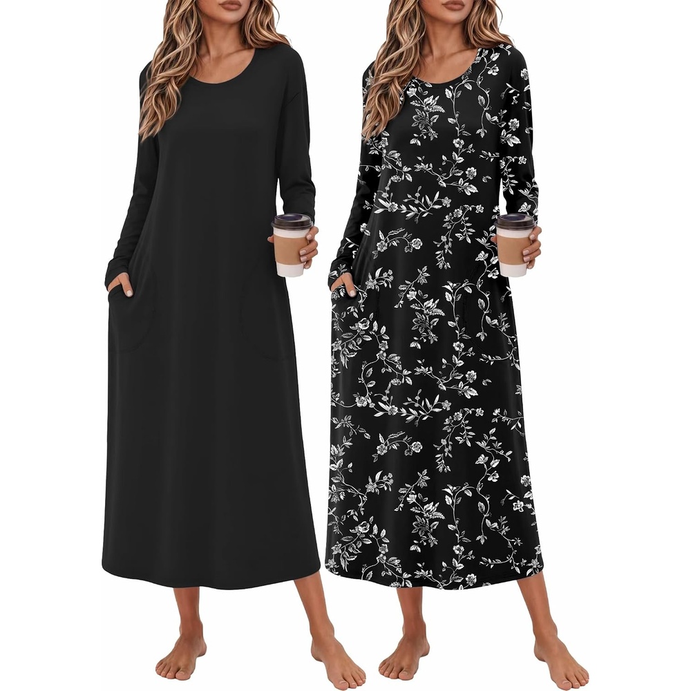 image:imageEkouaer 2 Pack Long Nightgowns for Women Long Sleeve Nightgown with PocketBlackblack White Flower