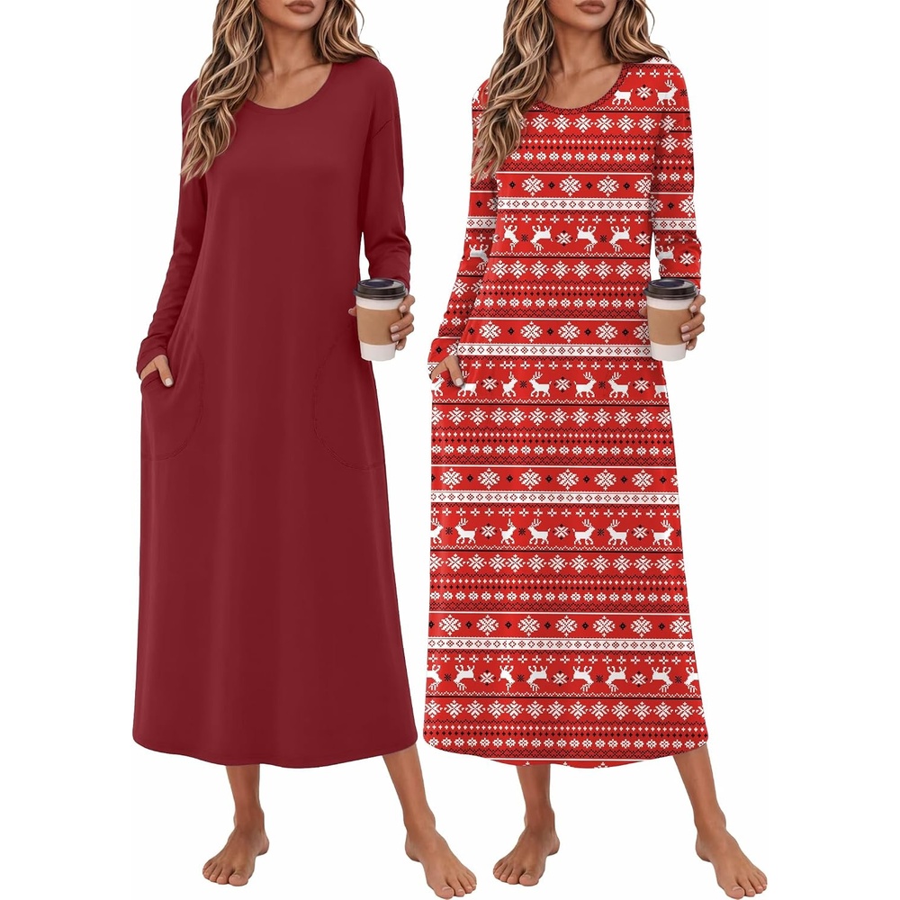 image:imageEkouaer 2 Pack Long Nightgowns for Women Long Sleeve Nightgown with PocketWine Redchristmas Reindeer