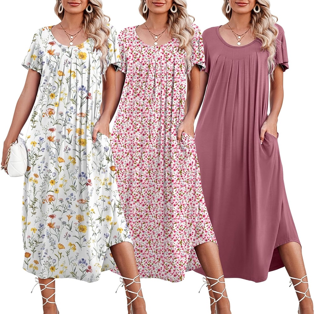 image:imageEkouaer 3 Pack Long Nightgowns for Women House Dress with Pocket Moo MoosPinkWhite FloralPink White Floral