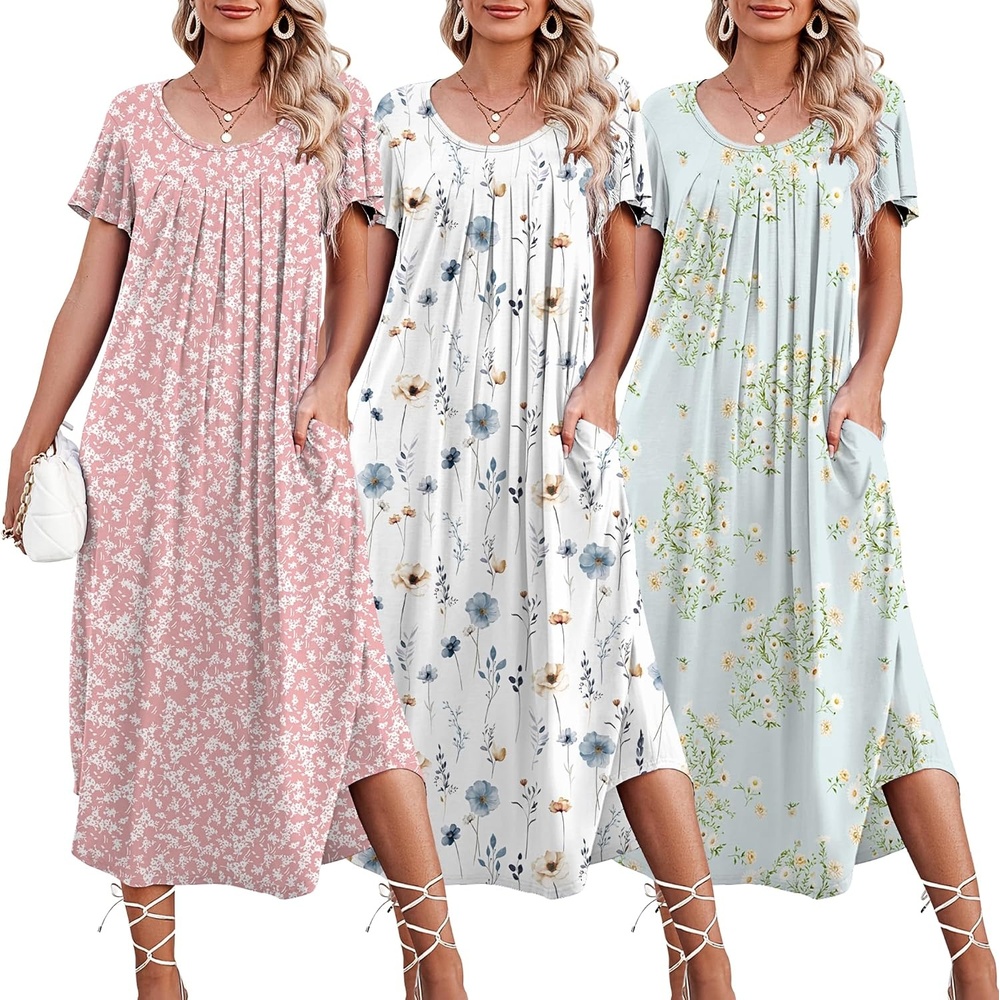 image:imageEkouaer 3 Pack Long Nightgowns for Women House Dress with Pocket Moo MoosWhite FlowerPink FlowerGreen Daisy