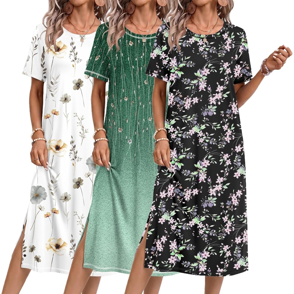 image:imageEkouaer 3 Pack Long Nightgowns for Women Split Hem SleepshirtBlack FloralGreen VineWhite Floral