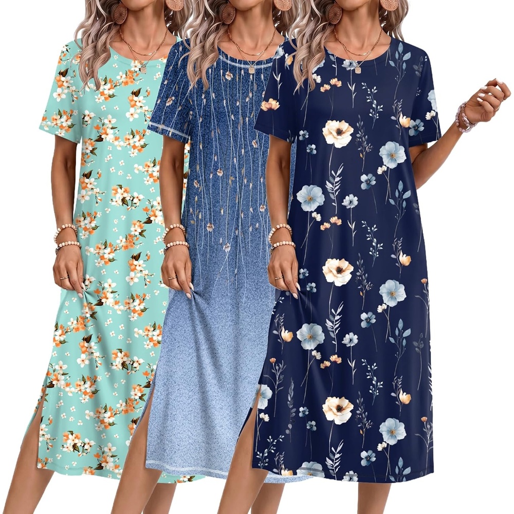 image:imageEkouaer 3 Pack Long Nightgowns for Women Split Hem SleepshirtNavy Blue FloralCyan VineLight Green Floral