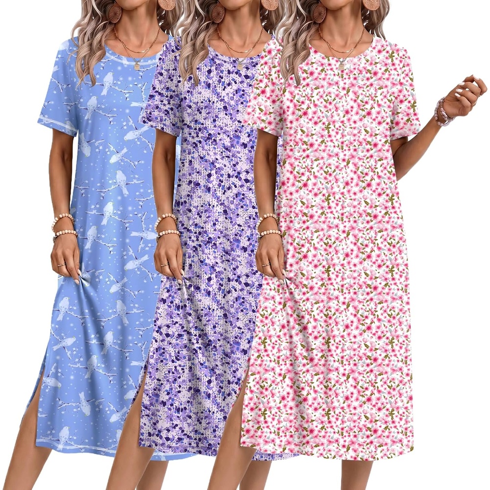 image:imageEkouaer 3 Pack Long Nightgowns for Women Split Hem SleepshirtPink FloralPurpleBlue Pigeon