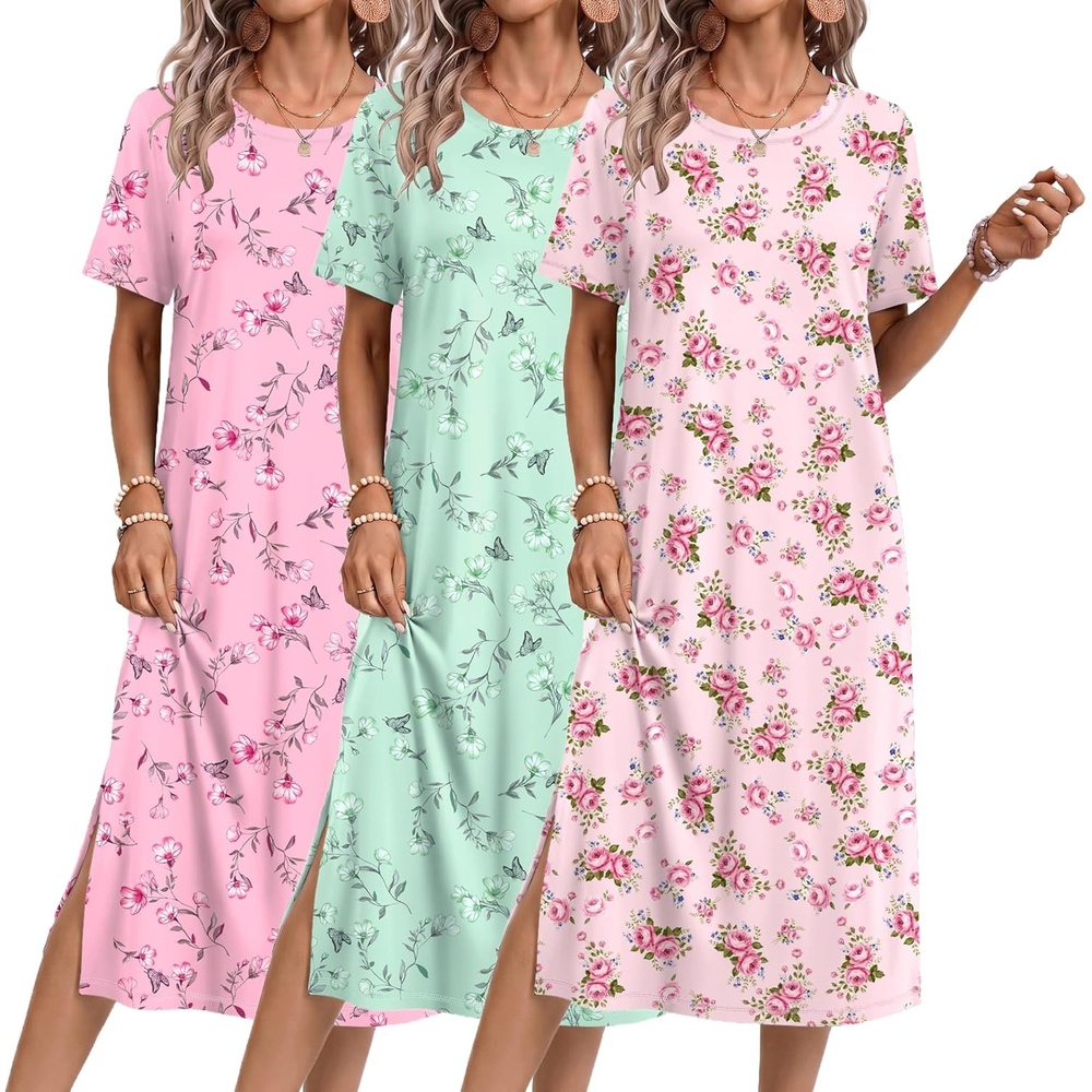 image:imageEkouaer 3 Pack Long Nightgowns for Women Split Hem SleepshirtWhite FloralLight Green ButterflyPink Butterfly