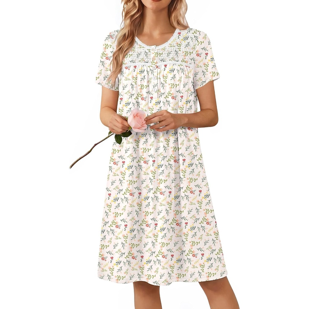 image:imageEkouaer Nightgowns for Women Smocked Night Gown Short Sleeve SleepshirtsFloral Yellow