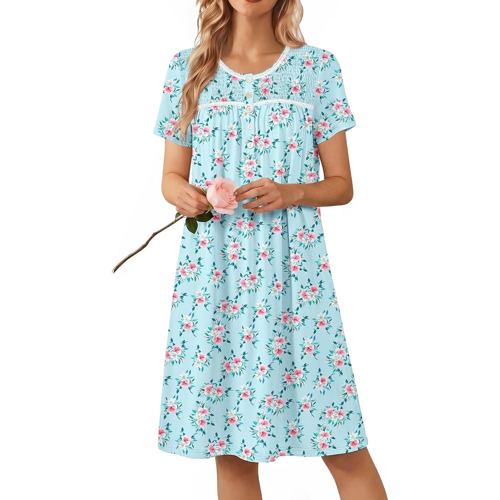 image:imageEkouaer Nightgowns for Women Smocked Night Gown Short Sleeve SleepshirtsGreen Pink Floral