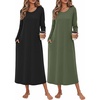 Ekouaer 2 Pack Long Nightgowns for Women Long Sleeve Nightgown with Pocket(Black+army Green)