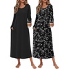 Ekouaer 2 Pack Long Nightgowns for Women Long Sleeve Nightgown with Pocket(Black+black White Flower)