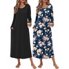 Ekouaer 2 Pack Long Nightgowns for Women Long Sleeve Nightgown with Pocket(Black+blue Pink Flower)