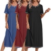 Ekouaer 3 Pack Long Nightgowns for Women Split Hem Sleepshirt(Black/Wine Red/Navy Blue)